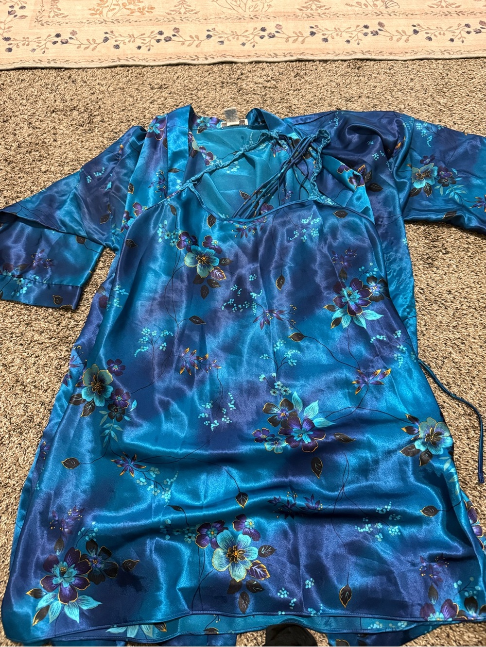 Vintage Blue Floral Satin sleep gown and matching robe